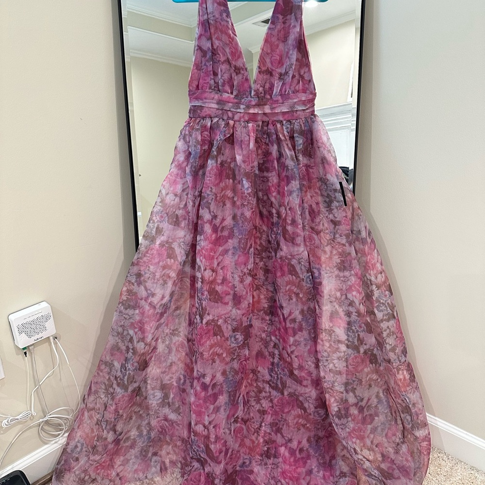 Lulu’s Garden Romance Magenta Floral Print Organza Maxi Dress